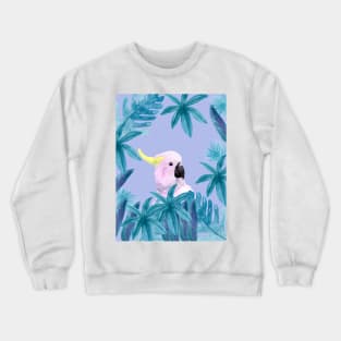 Cockatoo with tropical leaves in watercolor and a violet background Crewneck Sweatshirt